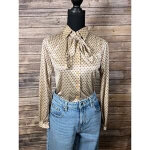 Vintage Retro Butterfly Print DeMura Bow Blouse Size Medium